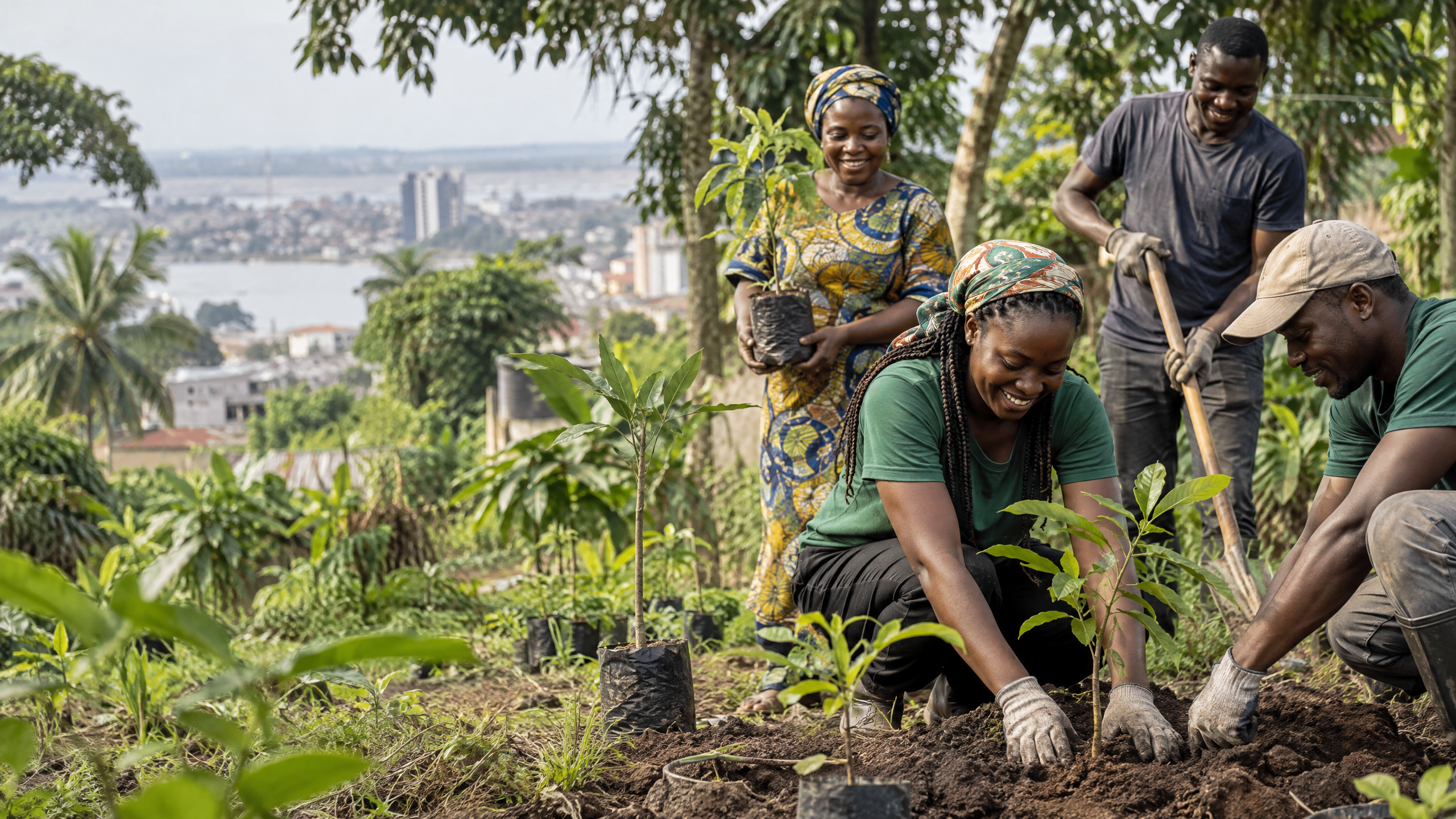 Illustration de bénévoles participant à une plantation communautaire.